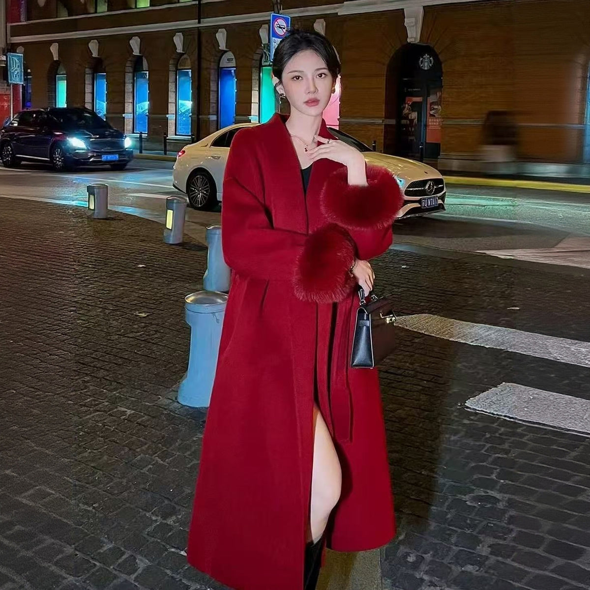 Women's red double-faced cashmere coat, new autumn and winter style, high-end fox fur sleeves, mid-length woolen coat for wedding and engagement