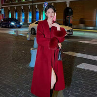 Women's red double-faced cashmere coat, new autumn and winter style, high-end fox fur sleeves, mid-length woolen coat for wedding and engagement