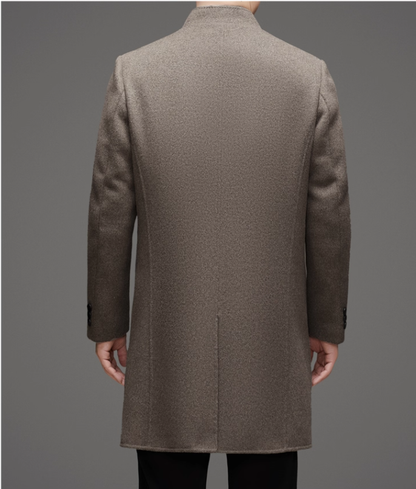 Fineryclothes Men's Wool Blend Stand Collar Overcoat, Classic Long Winter Coat, Khaki Gray, 3-Button Front