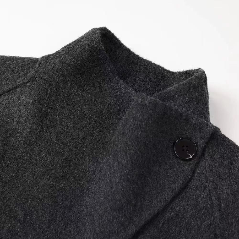 High-end Hepburn Retro Stand-up Collar Diagonal Buckle Double-faced Cashmere Coat | Slim, Thickened Warm Woolen Outerwear