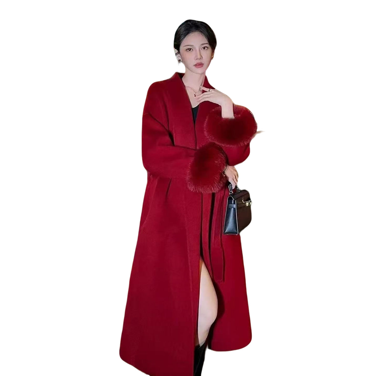 Women's red double-faced cashmere coat, new autumn and winter style, high-end fox fur sleeves, mid-length woolen coat for wedding and engagement