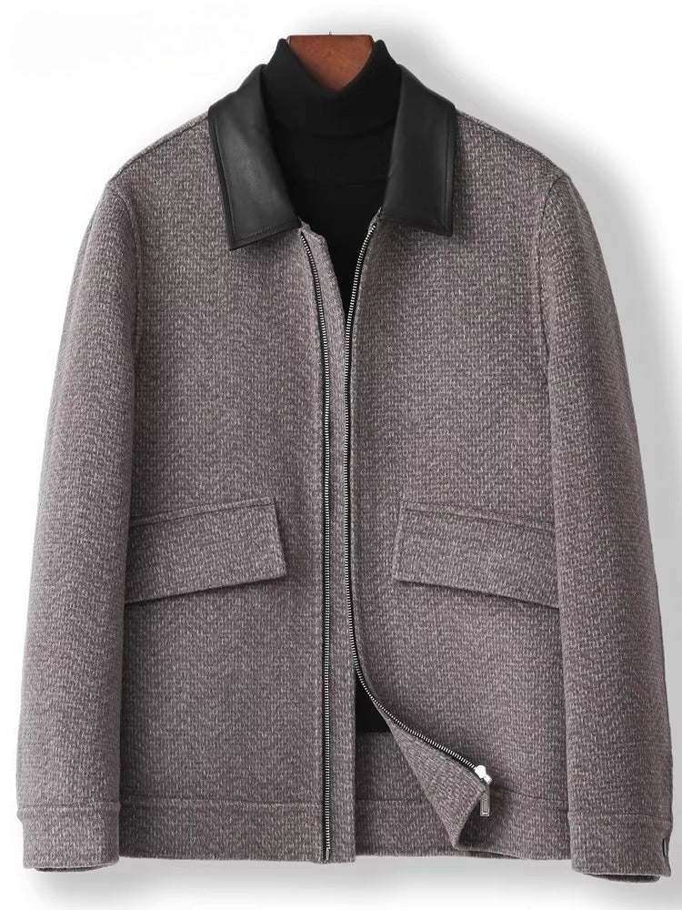 Men's 2025 A/W Double-faced Wool Outerwear: Woolen Overcoat & Jacket with Genuine Leather Patchwork, Casual Style