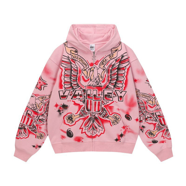 Valley Graphic Print Zip-Up Hoodie, Red and White Design, Available in Pink and White