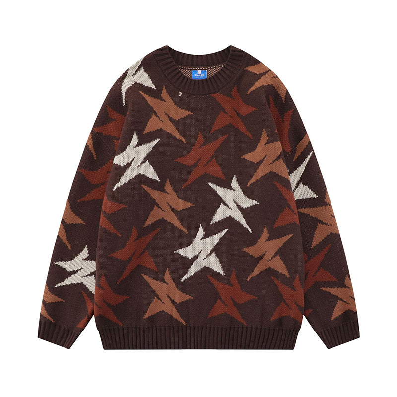 Fineryclothes Star Pattern Knit Sweater, Crew Neck, Long Sleeve, Available in White and Brown
