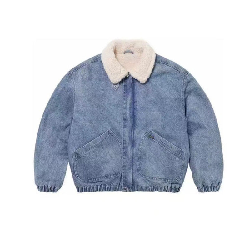 Fineryclothes Sherpa Collar Bomber Jacket, Denim Work Jacket with Fleece Lining, Available in Black, White, Blue