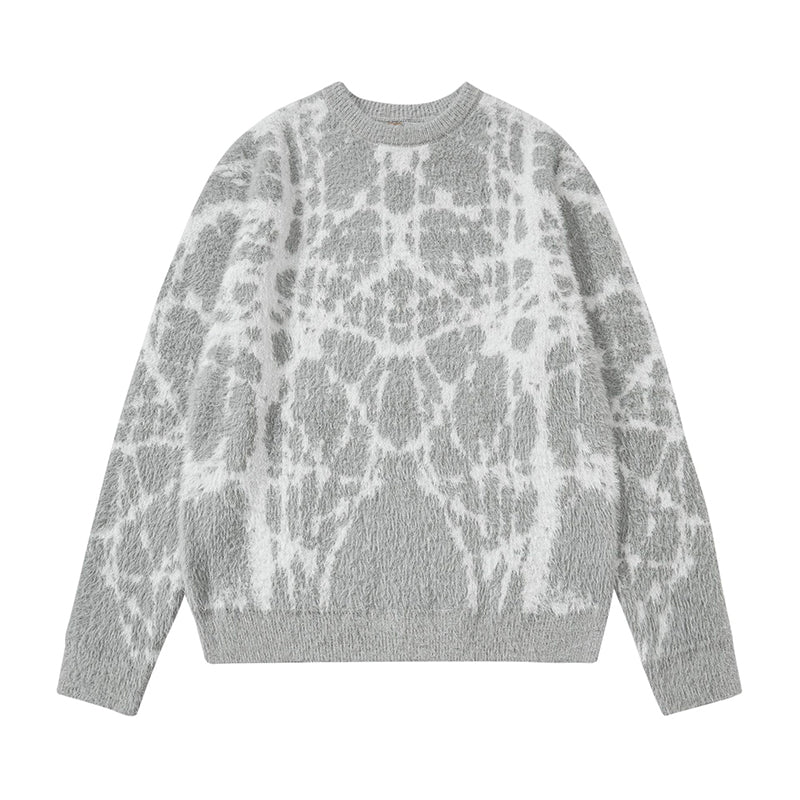 Fineryclothes Abstract Pattern Knit Sweater, Long Sleeve Crew Neck Pullover, Black and White, Gray and White