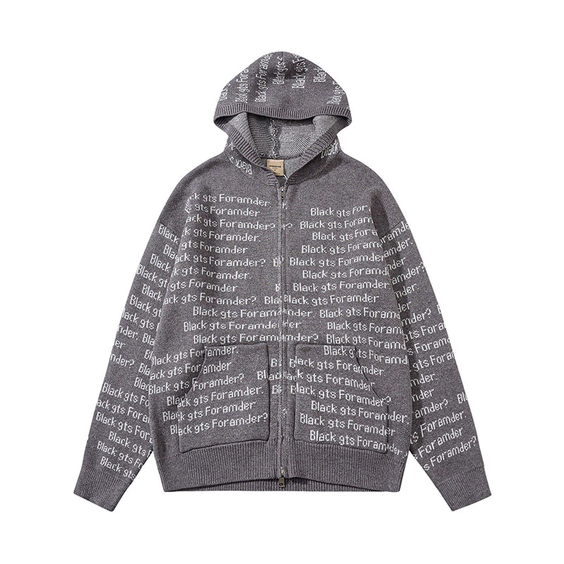Fineryclothes Text Print Zip-Up Hoodie Sweatshirt, Black and Grey, All-Over Typography Pattern