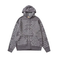 Fineryclothes Text Print Zip-Up Hoodie Sweatshirt, Black and Grey, All-Over Typography Pattern