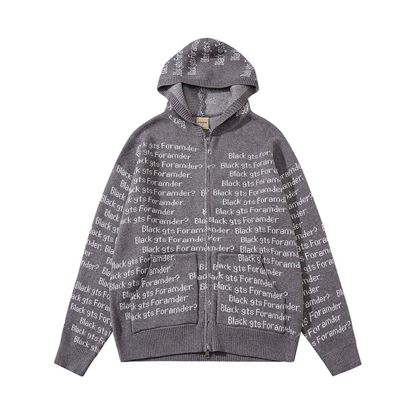Fineryclothes Text Print Zip-Up Hoodie Sweatshirt, Black and Grey, All-Over Typography Pattern