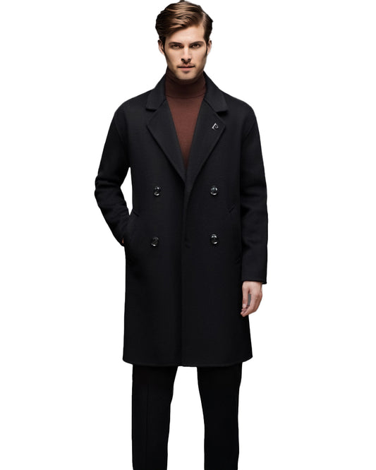 Fineryclothes Men's Double-Breasted Wool Blend Overcoat, Brown, Mid-Length Winter Coat with Notched Lapel