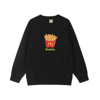 Fineryclothes French Fries Print Knit Sweater, Black and Red, Casual Pullover with Food Graphic