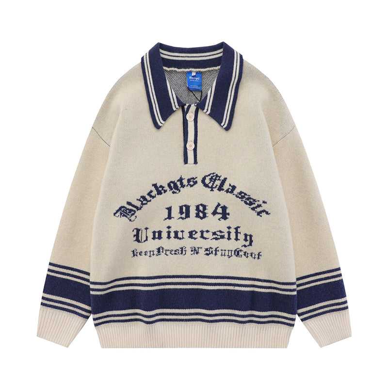 Fineryclothes Vintage University Style Knit Sweater, 1984 Graphic Design, Burgundy and White Striped Collar, Collegiate Pullover