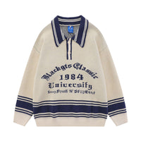 Fineryclothes Vintage University Style Knit Sweater, 1984 Graphic Design, Burgundy and White Striped Collar, Collegiate Pullover
