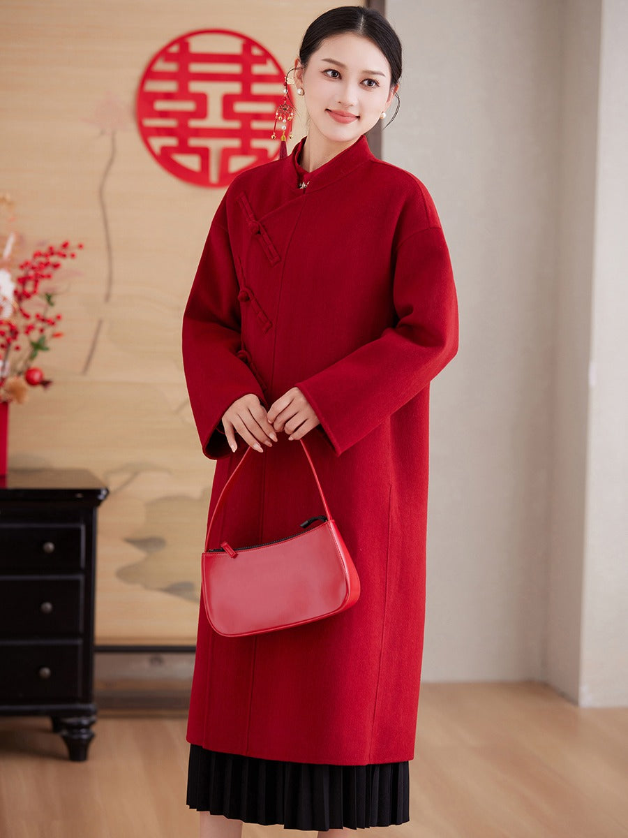 Women's New Chinese Red Double-faced Cashmere Coat | 2025 New Year/Wedding Bride Toast Mid-long Outerwear