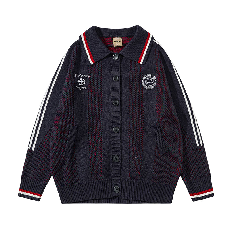 Fineryclothes Mesh Knit Button-Up Cardigan Sweater with Striped Trim, Polo Collar, White and Navy, 2-Pack