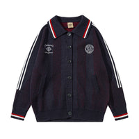 Fineryclothes Mesh Knit Button-Up Cardigan Sweater with Striped Trim, Polo Collar, White and Navy, 2-Pack