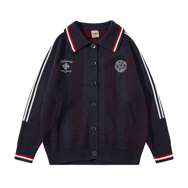 Fineryclothes Mesh Knit Button-Up Cardigan Sweater with Striped Trim, Polo Collar, White and Navy, 2-Pack