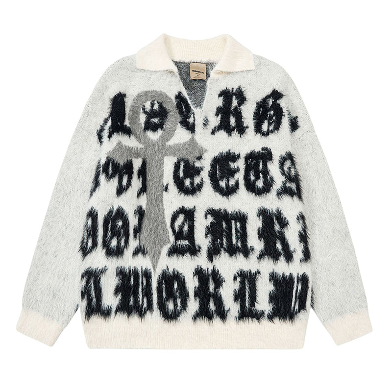 Fineryclothes Fuzzy Text Graphic Sweater, Black and White, Oversized Typography Design
