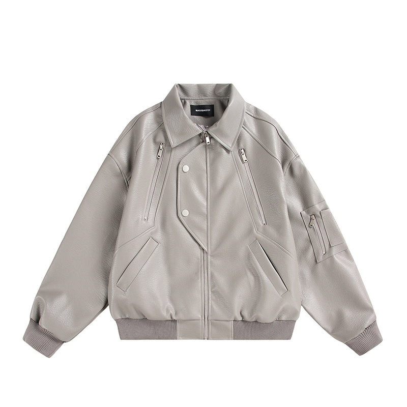 Multi-Zipper Faux Leather Bomber Jacket, Ribbed Collar and Cuffs, Available in Grey, Black, Brown