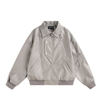 Multi-Zipper Faux Leather Bomber Jacket, Ribbed Collar and Cuffs, Available in Grey, Black, Brown