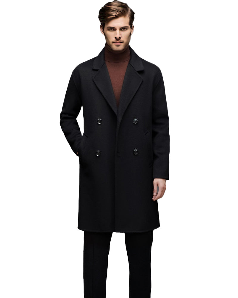 Men's Mid-Length Double-Faced Wool Coat - Autumn Winter , Double-Breasted Woolen Cashmere