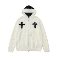 Fineryclothes Plush Faux Fur Hooded Jacket with Cross Design, Zip Front, Available in Burgundy, White, Black