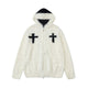Fineryclothes Plush Faux Fur Hooded Jacket with Cross Design, Zip Front, Available in Burgundy, White, Black