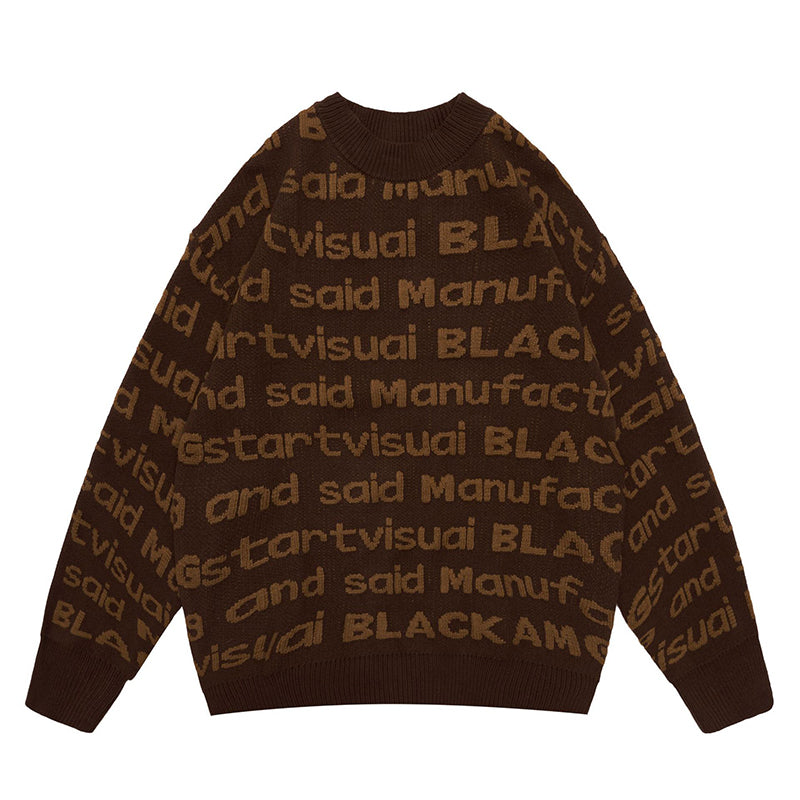 Fineryclothes All-Over Text Print Knit Sweater, Crewneck, Long Sleeve, Available in Black, Brown, Blue