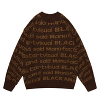 Fineryclothes All-Over Text Print Knit Sweater, Crewneck, Long Sleeve, Available in Black, Brown, Blue
