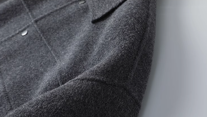 Fineryclothes Men's Wool Blend Jacket with Leather Collar, Gray, Full-Zip Winter Coat with Button Cuffs