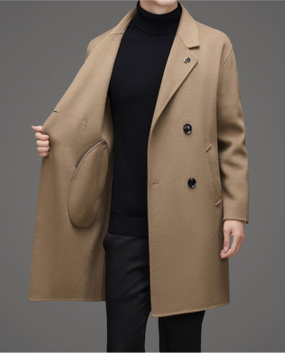 Fineryclothes Men's Double-Breasted Wool Blend Overcoat, Brown, Mid-Length Winter Coat with Notched Lapel