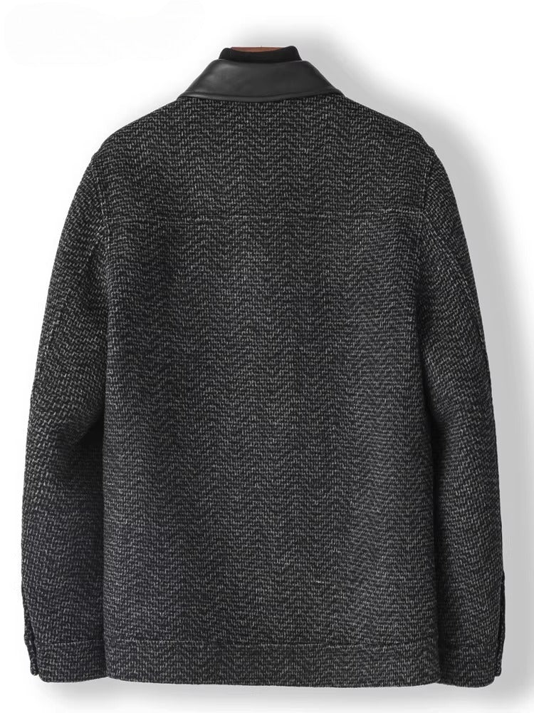 Men's 2025 A/W Double-faced Wool Outerwear: Woolen Overcoat & Jacket with Genuine Leather Patchwork, Casual Style
