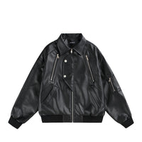 Multi-Zipper Faux Leather Bomber Jacket, Ribbed Collar and Cuffs, Available in Grey, Black, Brown