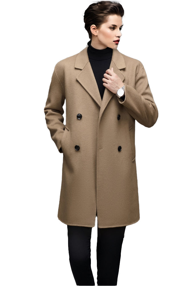Fineryclothes Men's Double-Breasted Wool Blend Overcoat, Brown, Mid-Length Winter Coat with Notched Lapel