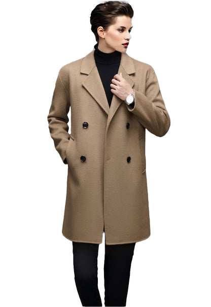 Fineryclothes Men's Double-Breasted Wool Blend Overcoat, Brown, Mid-Length Winter Coat with Notched Lapel