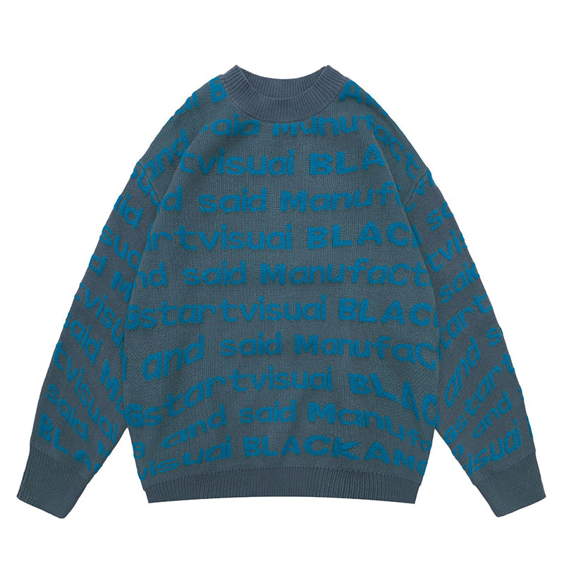 Fineryclothes All-Over Text Print Knit Sweater, Crewneck, Long Sleeve, Available in Black, Brown, Blue