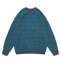 Fineryclothes All-Over Text Print Knit Sweater, Crewneck, Long Sleeve, Available in Black, Brown, Blue