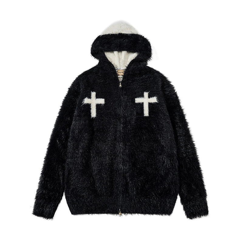 Fineryclothes Plush Faux Fur Hooded Jacket with Cross Design, Zip Front, Available in Burgundy, White, Black