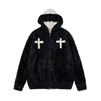 Fineryclothes Plush Faux Fur Hooded Jacket with Cross Design, Zip Front, Available in Burgundy, White, Black