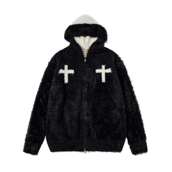 Fineryclothes Plush Faux Fur Hooded Jacket with Cross Design, Zip Front, Available in Burgundy, White, Black