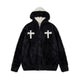 Fineryclothes Plush Faux Fur Hooded Jacket with Cross Design, Zip Front, Available in Burgundy, White, Black