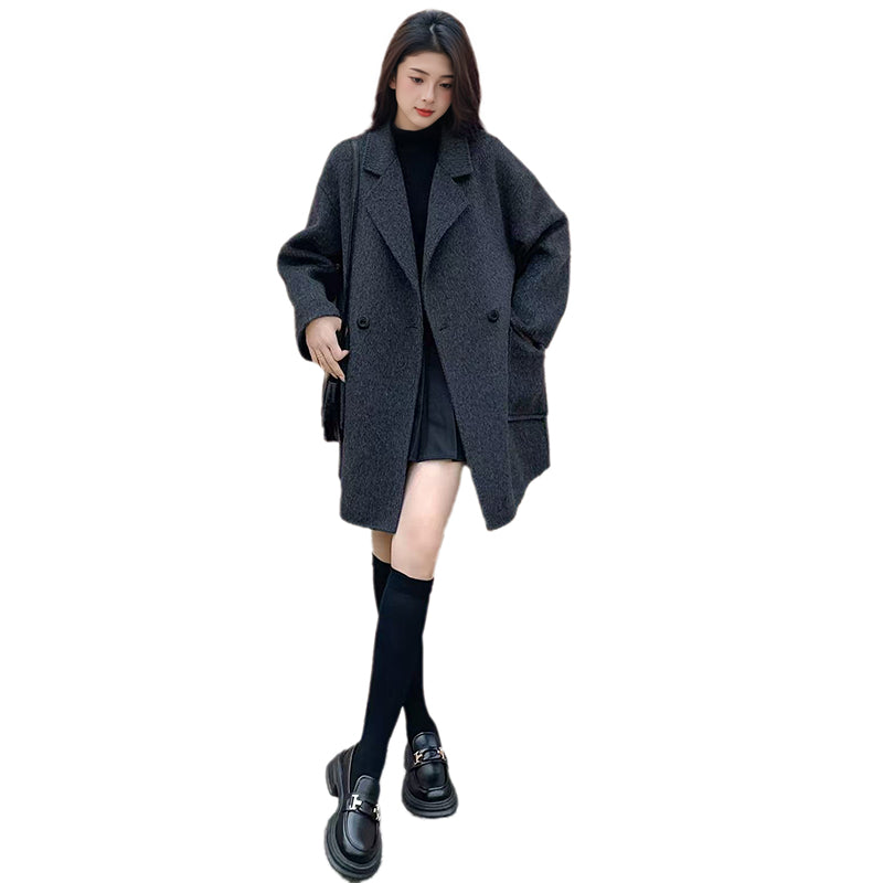 2025 New Women's Gray Double-Faced Cashmere Coat | Loose Mid-Length Woolen Coat for Autumn & Winter