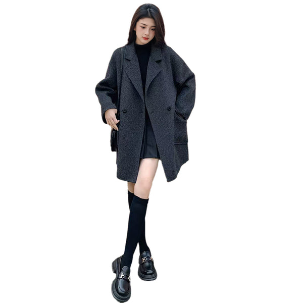 2025 New Women's Gray Double-Faced Cashmere Coat | Loose Mid-Length Woolen Coat for Autumn & Winter