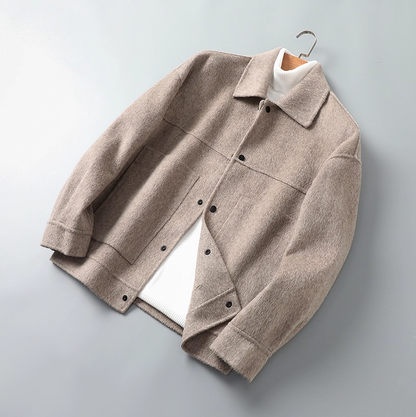 Fineryclothes Men's Wool Blend Jacket with Leather Collar, Gray, Full-Zip Winter Coat with Button Cuffs
