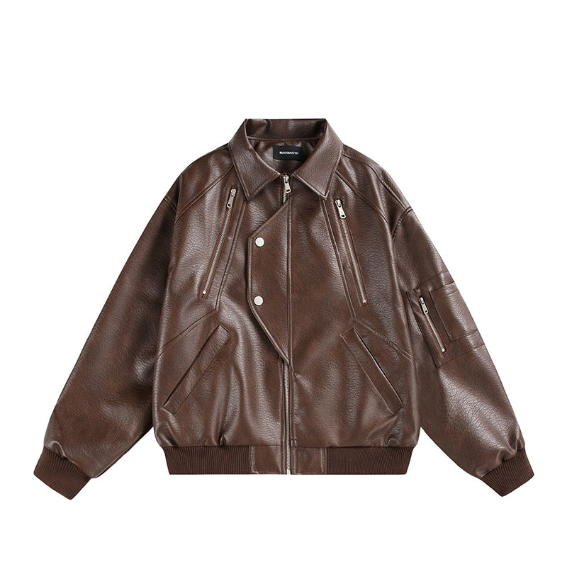 Multi-Zipper Faux Leather Bomber Jacket, Ribbed Collar and Cuffs, Available in Grey, Black, Brown