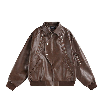 Multi-Zipper Faux Leather Bomber Jacket, Ribbed Collar and Cuffs, Available in Grey, Black, Brown