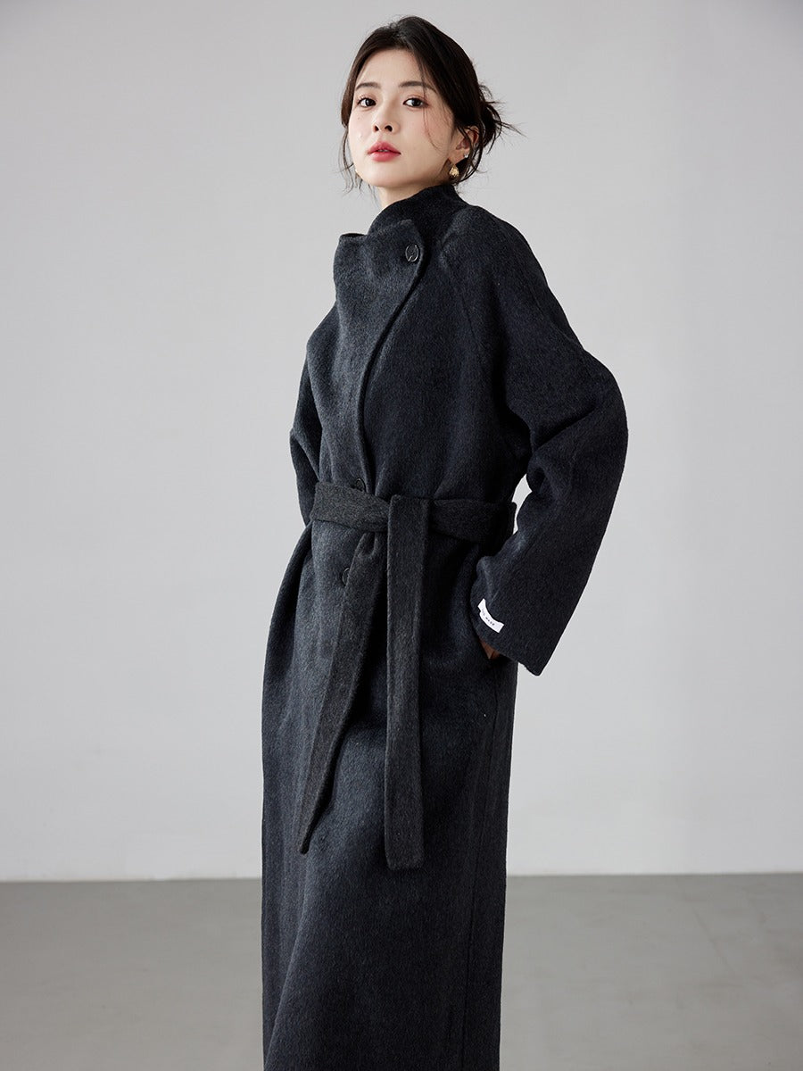 High-end Hepburn Retro Stand-up Collar Diagonal Buckle Double-faced Cashmere Coat | Slim, Thickened Warm Woolen Outerwear