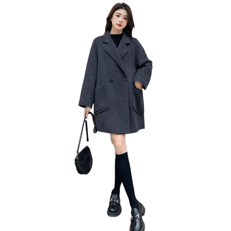 2025 New Women's Gray Double-Faced Cashmere Coat | Loose Mid-Length Woolen Coat for Autumn & Winter