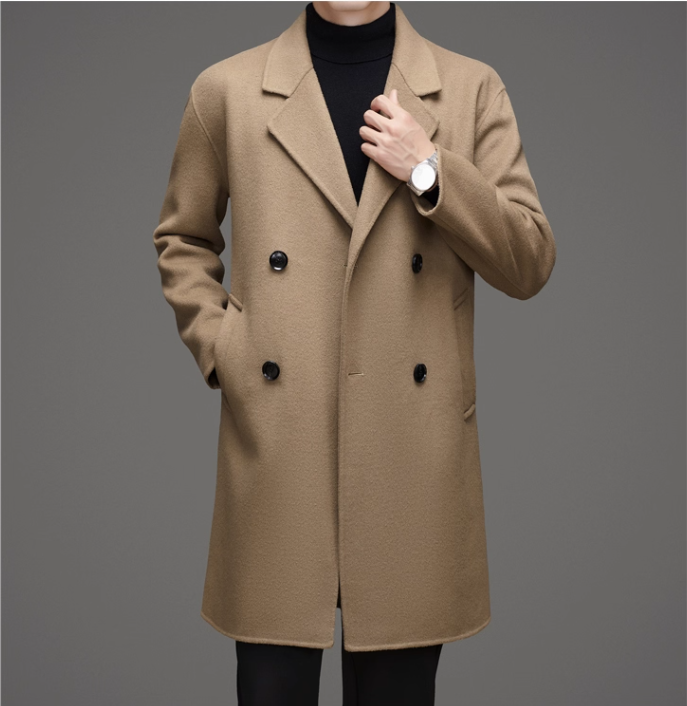 Fineryclothes Men's Double-Breasted Wool Blend Overcoat, Brown, Mid-Length Winter Coat with Notched Lapel