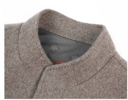 Fineryclothes Men's Wool Blend Stand Collar Overcoat, Classic Long Winter Coat, Khaki Gray, 3-Button Front